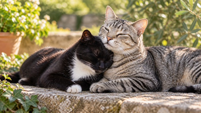 Deux chats blottis l'un contre l'autre au soleil, symbolisant la tendresse et la complicité dans le couple