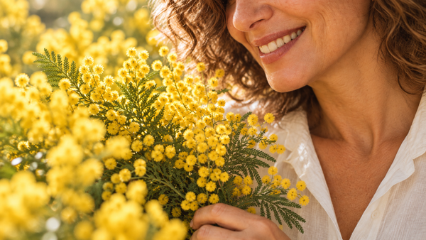 Femme d'âge mûr souriante, cheveux bouclés, tenant un bouquet de mimosa jaune, symbolisant un nouveau printemps dans la vie intime après 50 ans
