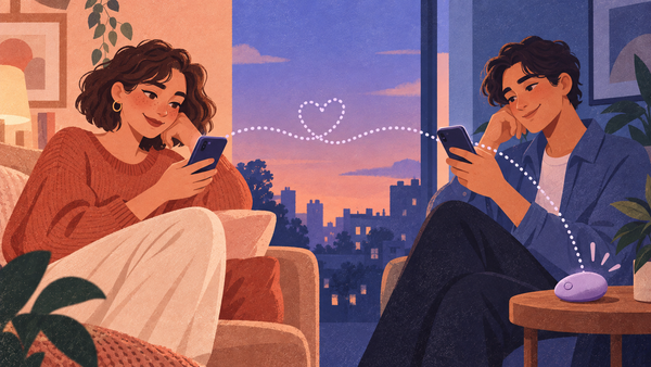 Illustration : deux partenaires, chacun chez soi téléphone en main, reliés par une ligne en forme de cœur jusqu'à un sextoy connecté posé sur une table
