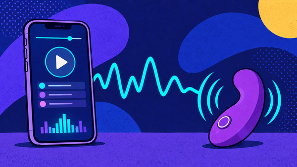 Illustration : un smartphone qui lit de la musique envoie une onde sonore à un sextoy violet qui vibre en rythme