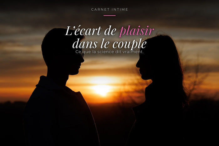 Silhouettes d'un homme et d'une femme face à face au coucher du soleil, sous le titre « L'écart de plaisir dans le couple — ce que la science dit vraiment »