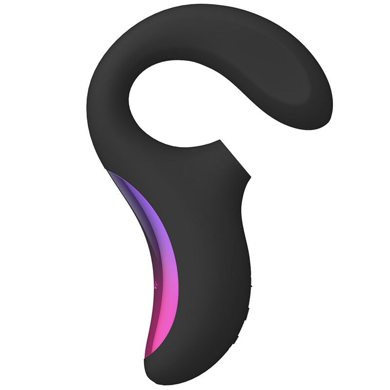 Stimulateur noir LELO Enigma en forme de C vu de côté, avec bande violette étroite sur la poignée
