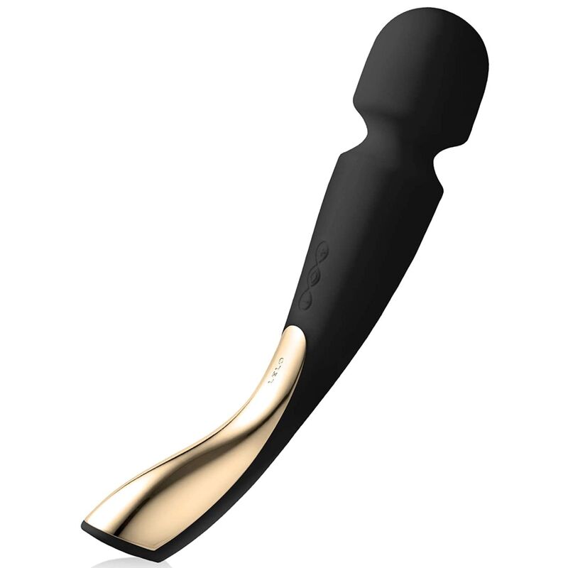 Wand LELO Smart Wand 2 Medium noir, tête ronde, manche courbe, trois boutons et insert doré