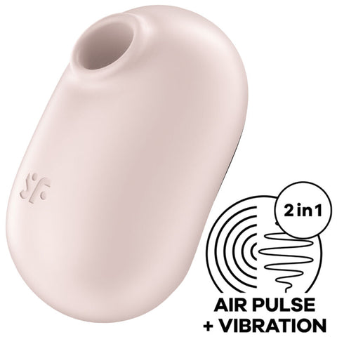 Satisfyer Pro To Go 2 beige rosé vu de biais, ouverture ovale et pictogramme Air Pulse plus Vibration