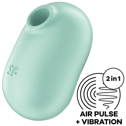 Satisfyer Pro To Go 2 vert menthe vu de biais, ouverture ovale et pictogramme Air Pulse plus Vibration
