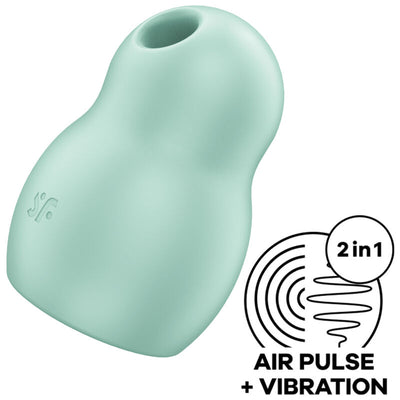 Satisfyer Pro To Go 1 vert menthe vu de biais, avec ouverture ovale et pictogramme Air Pulse plus Vibration