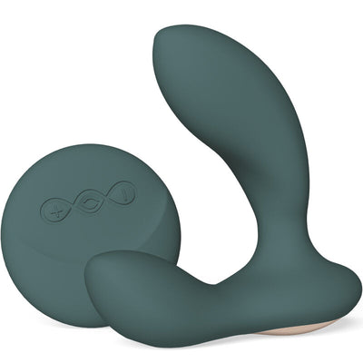 Masseur vert grisé LELO Hugo 2 Remote à deux branches courbes, avec télécommande ronde assortie