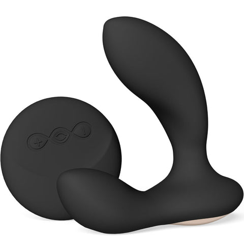 Masseur noir LELO Hugo 2 Remote à deux branches courbes, accompagné de sa télécommande ronde