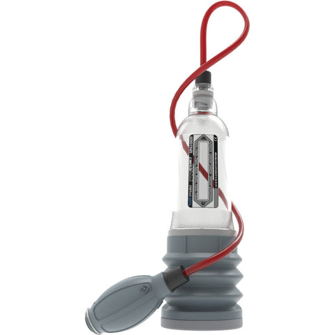 Pompe à eau Bathmate HydroXtreme 7 Wide Boy, cylindre gradué et soufflet gris avec poire reliée par tuyau rouge