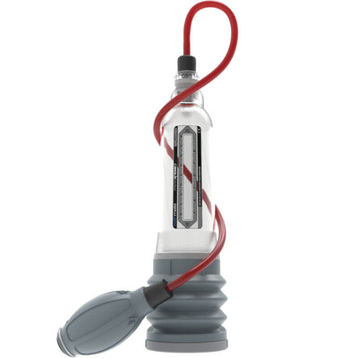Pompe à eau Bathmate HydroXtreme 7, cylindre gradué avec soufflet gris et poire reliée par tuyau rouge