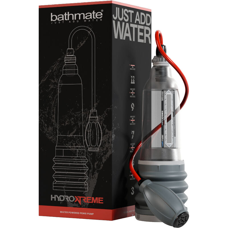 Pompe à eau Bathmate HydroXtreme 8 avec tuyau rouge et poire grise, à côté de sa boîte noire