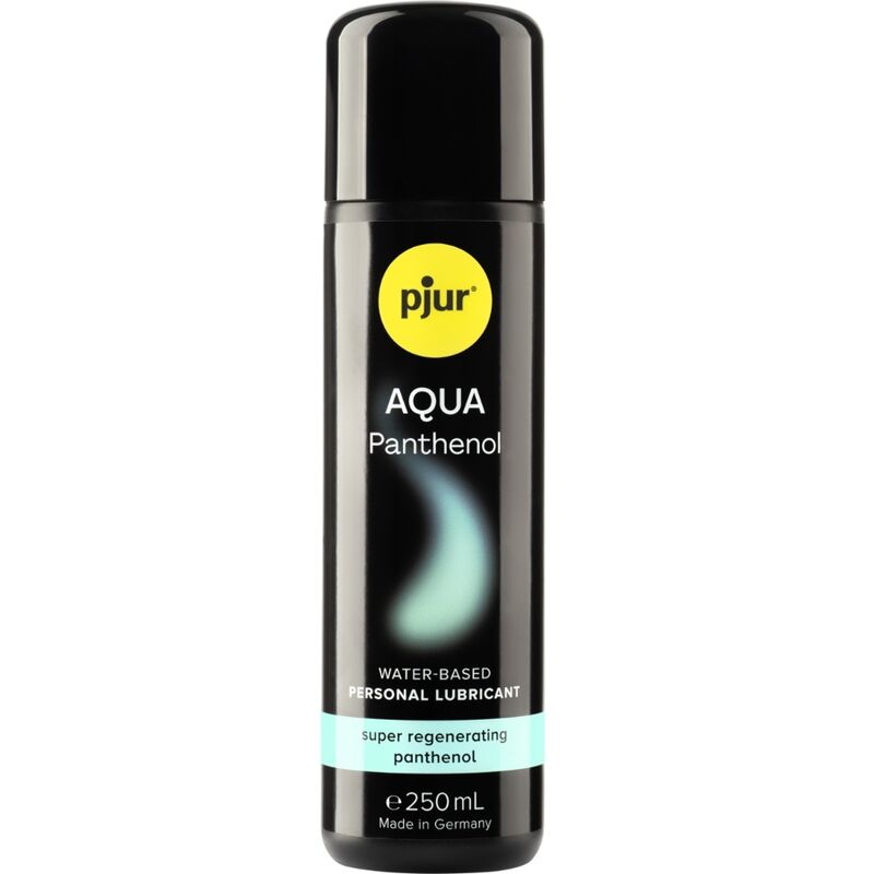 Flacon noir Pjur Aqua Panthénol de 250 ml, avec étiquette jaune et bande turquoise