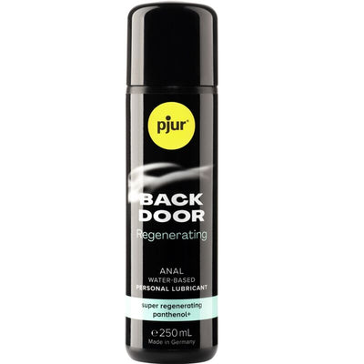 Flacon noir Pjur Back Door de 250 ml, avec étiquette jaune et mention Water-Based
