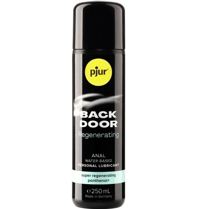 Flacon noir Pjur Back Door de 250 ml, avec étiquette jaune et mention Water-Based