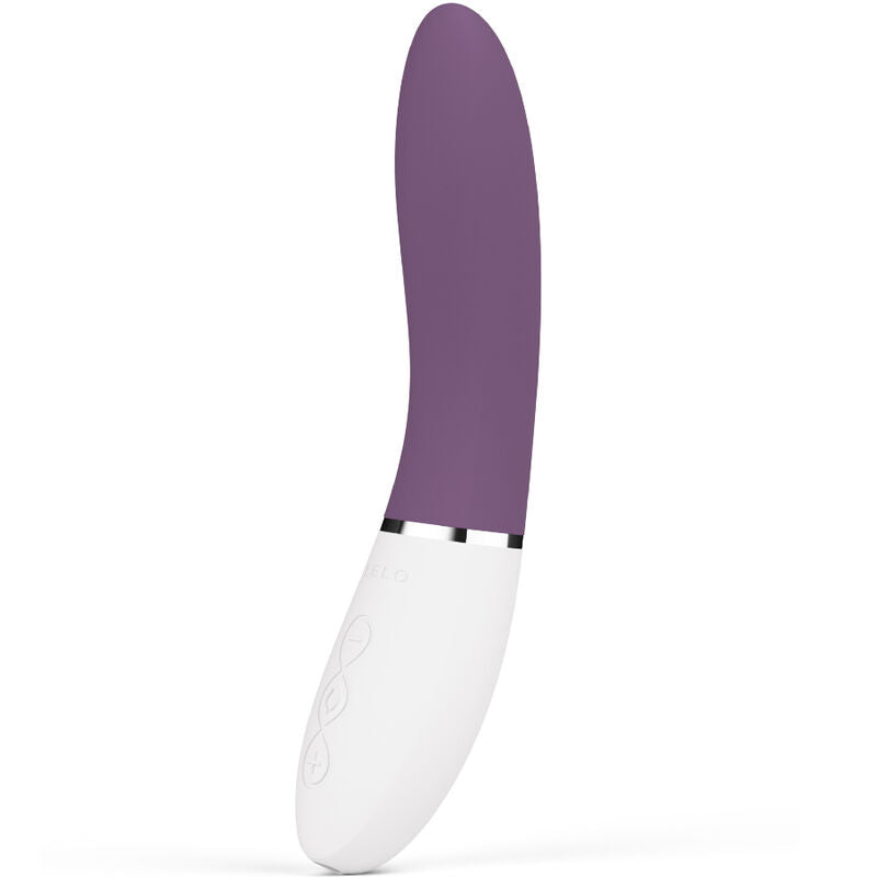 Stimulateur LELO Liv 3 violet grisé et blanc, forme légèrement courbe et trois boutons latéraux