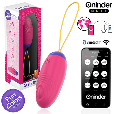 Œuf connecté Oninder Cute rose à cordon jaune, présenté avec sa boîte et un écran de modes sur smartphone