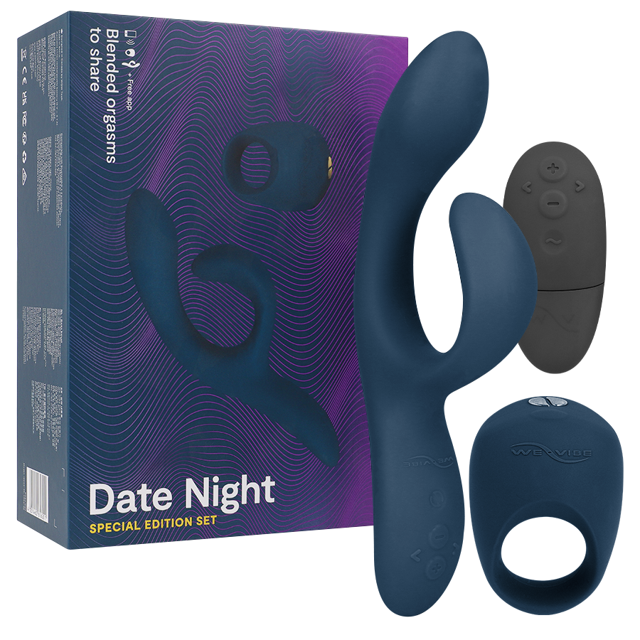 Coffret We-Vibe Date Night bleu et violet, accompagné de deux appareils bleu nuit et d'une télécommande noire