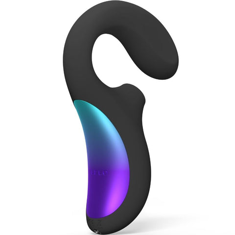 Stimulateur noir LELO Enigma Wave en forme de C, avec branche arrondie et panneau latéral bleu violet
