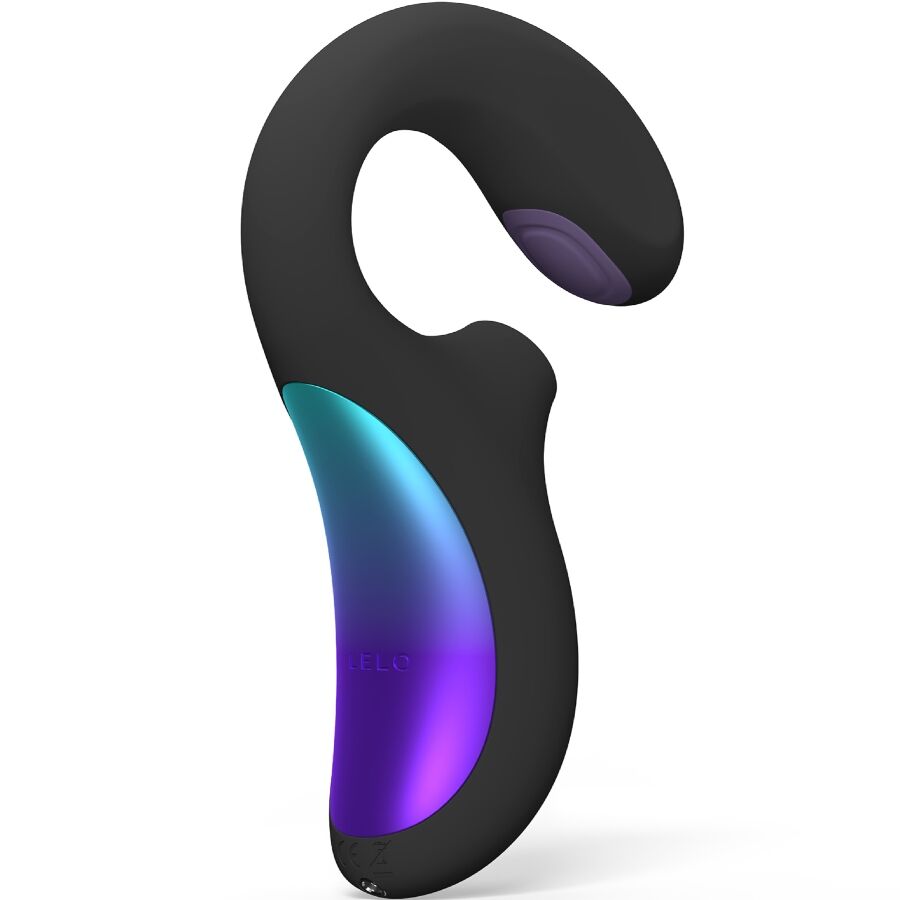 Stimulateur noir LELO Enigma Double Sonic en forme de C, avec embout violet et panneau bleu irisé
