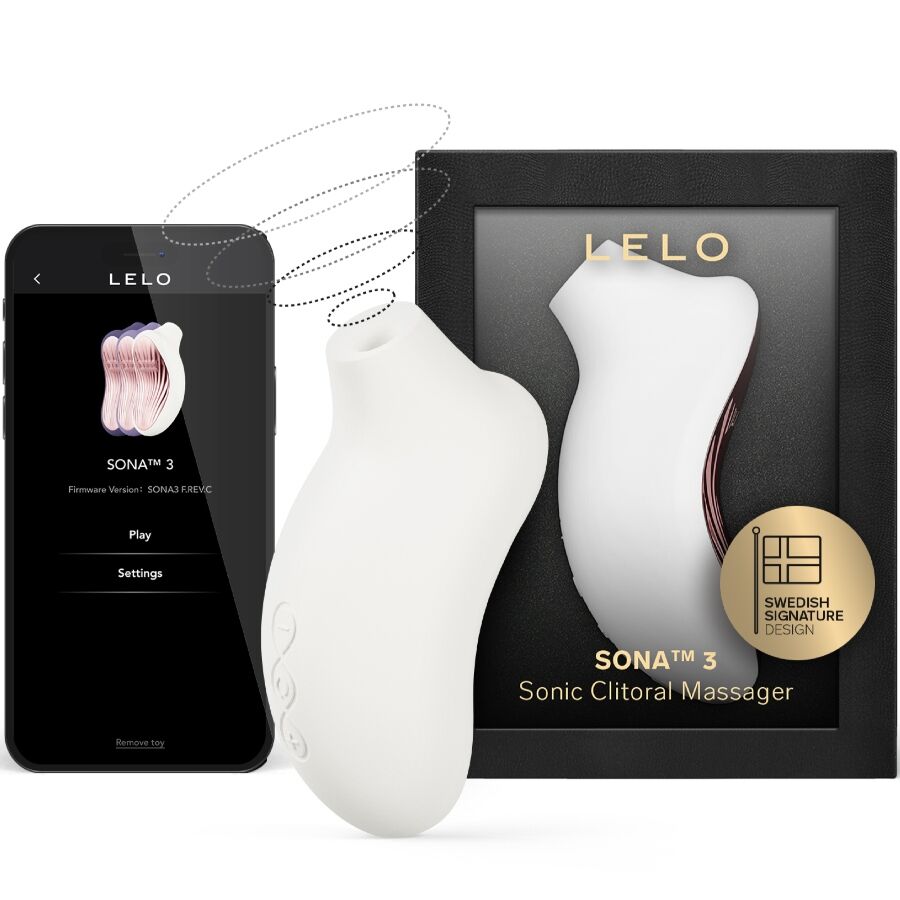 Stimulateur clair LELO Sona 3 devant son coffret noir, avec son application affichée sur un téléphone