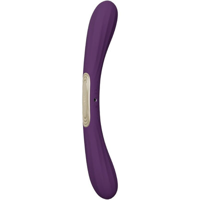 Vibromasseur courbé violet LELO Boomerang avec deux bouts arrondis et commande beige centrale