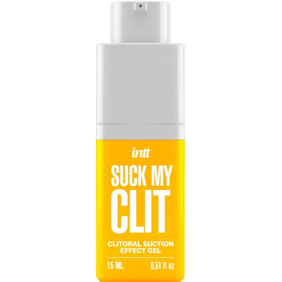Flacon jaune INTT Suck My Clit de 15 ml avec distributeur apparent et inscription en façade