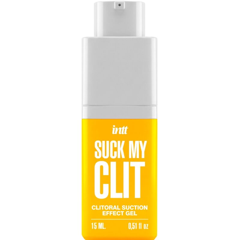 Flacon jaune INTT Suck My Clit de 15 ml avec distributeur apparent et inscription en façade