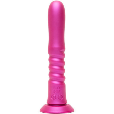 Vibromasseur ROMP Jiggle rose métallisé à section annelée, deux boutons et base à ventouse