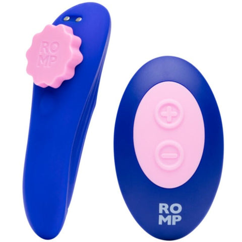 Vibromasseur ROMP Party bleu avec pastille aimantée rose et télécommande ovale à deux boutons