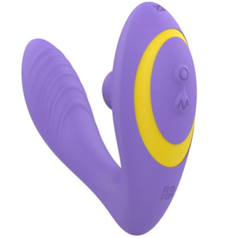 Stimulateur ROMP Reverb lilas en forme de V, avec branche striée, liseré jaune et deux boutons
