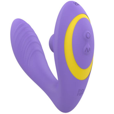 Stimulateur ROMP Reverb lilas en forme de V, avec branche striée, liseré jaune et deux boutons