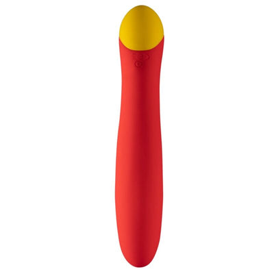 Vibromasseur ROMP Hype rouge à tête arrondie jaune, corps galbé et deux boutons en façade