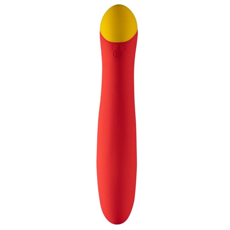 Vibromasseur ROMP Hype rouge à tête arrondie jaune, corps galbé et deux boutons en façade