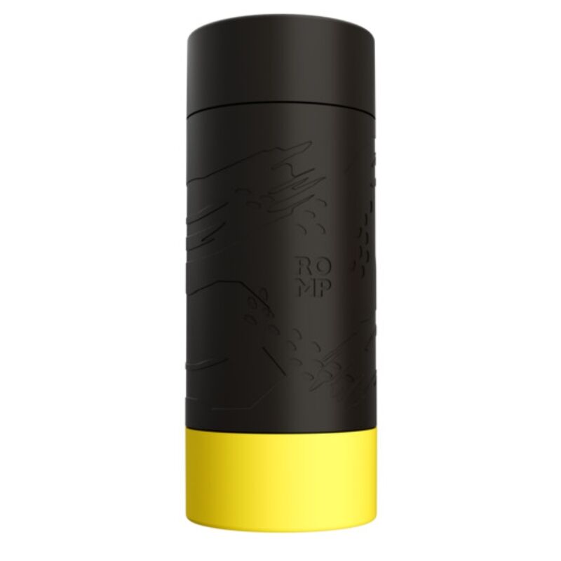 Masturbateur ROMP Dash noir en cylindre fermé, reliefs discrets et base jaune