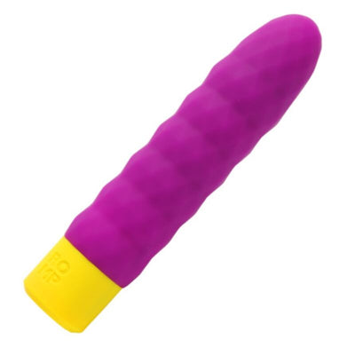 Stimulateur ROMP Beat violet à reliefs ondulés, pointe arrondie et base jaune de commande