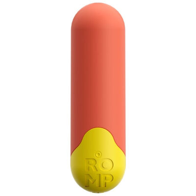 Balle vibrante ROMP Riot orange en forme de capsule, avec base jaune et bouton rond marqué