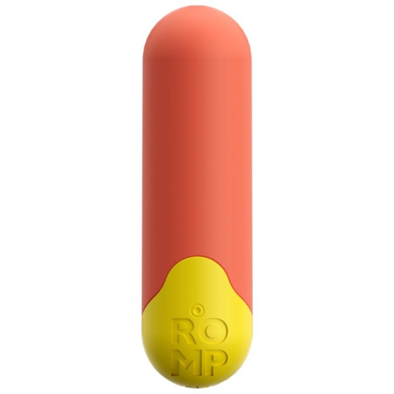 Balle vibrante ROMP Riot orange en forme de capsule, avec base jaune et bouton rond marqué