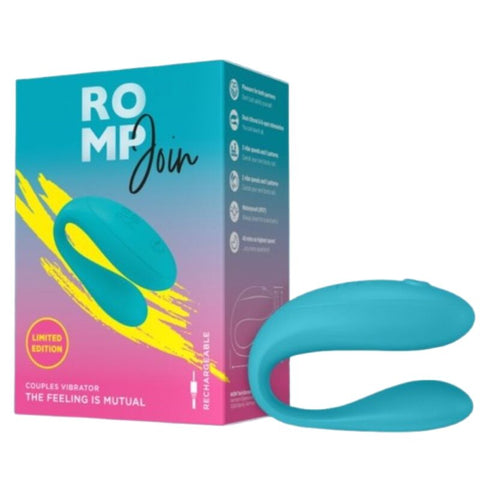 Vibromasseur ROMP Join bleu sarcelle en C à deux branches arrondies, présenté devant sa boîte