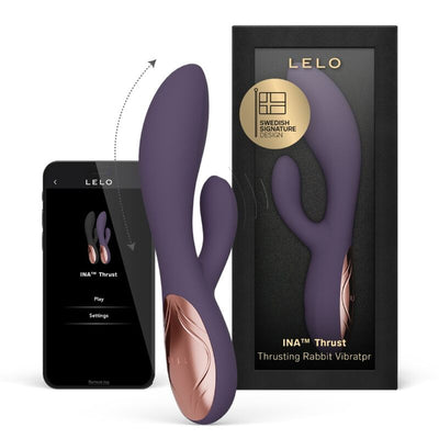Appareil violet LELO Ina Thrust à deux branches devant sa boîte et un téléphone affichant des commandes