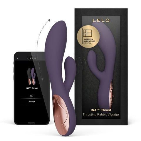 Appareil violet LELO Ina Thrust à deux branches devant sa boîte et un téléphone affichant des commandes