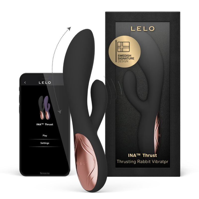 Appareil noir LELO Ina Thrust à deux branches, devant sa boîte et un téléphone affichant l’application
