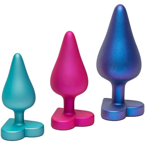 Trois plugs ROMP Luster à base en cœur, tailles croissantes bleu-vert, rose et bleu irisé