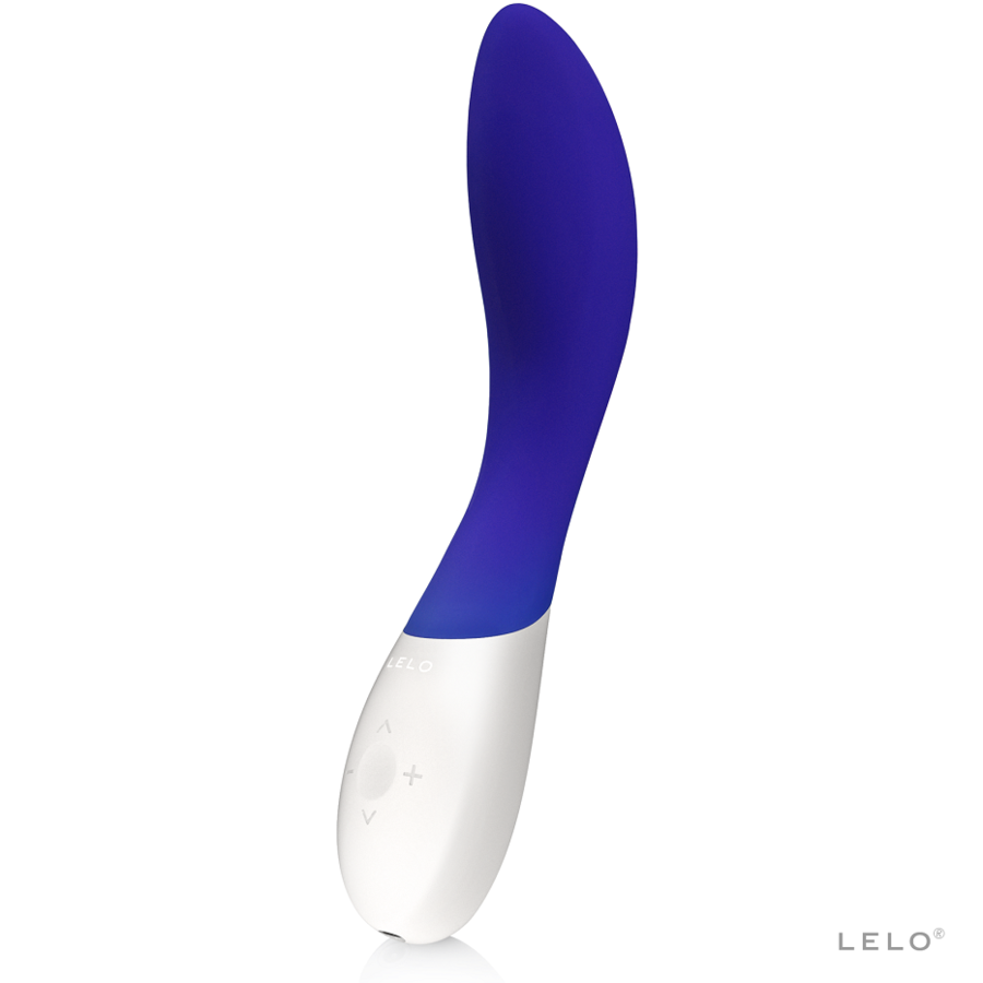 Stimulateur LELO Mona Wave bleu nuit et blanc, extrémité courbe et commandes sur la poignée