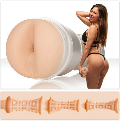 Manchon beige Fleshlight Riley Reid dans son étui gris, avec portrait de femme et coupe interne illustrée