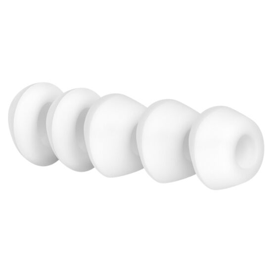 Cinq capuchons blancs de rechange Satisfyer Pro 2 Génération 2 alignés en diagonale, ouverture visible au bout