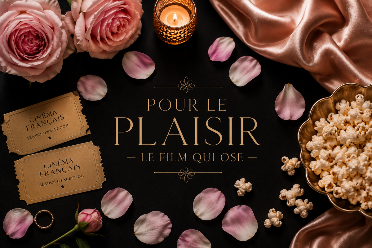 Visuel « Pour le plaisir, le film qui ose » entouré de roses, de pétales, de tickets de cinéma, de pop-corn et d'une bougie sur fond de satin