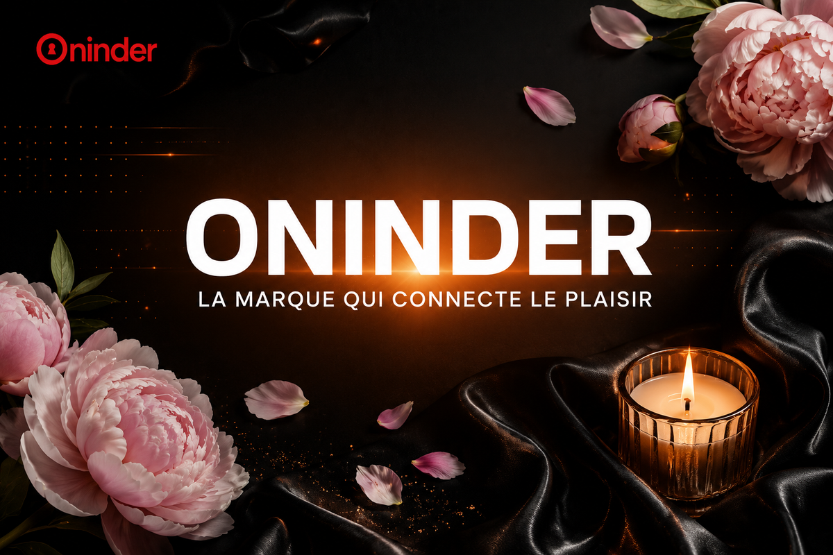 Visuel « Oninder, la marque qui connecte le plaisir » avec le logo Oninder, des pivoines roses et une bougie sur fond de satin noir