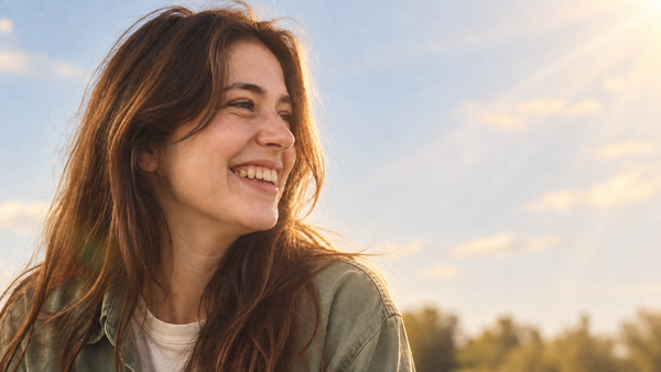 Femme souriante aux longs cheveux châtains, en plein air sous un ciel lumineux de fin de journée