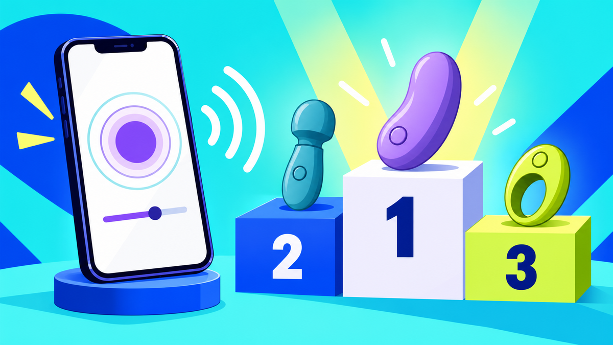 Illustration : un smartphone pilote trois sextoys connectés posés sur un podium 1, 2, 3 — un stimulateur violet, une mini wand bleue et un anneau vert