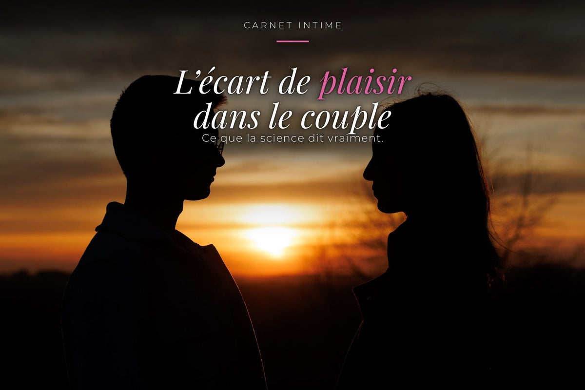 Silhouettes d'un homme et d'une femme face à face au coucher du soleil, sous le titre « L'écart de plaisir dans le couple — ce que la science dit vraiment »